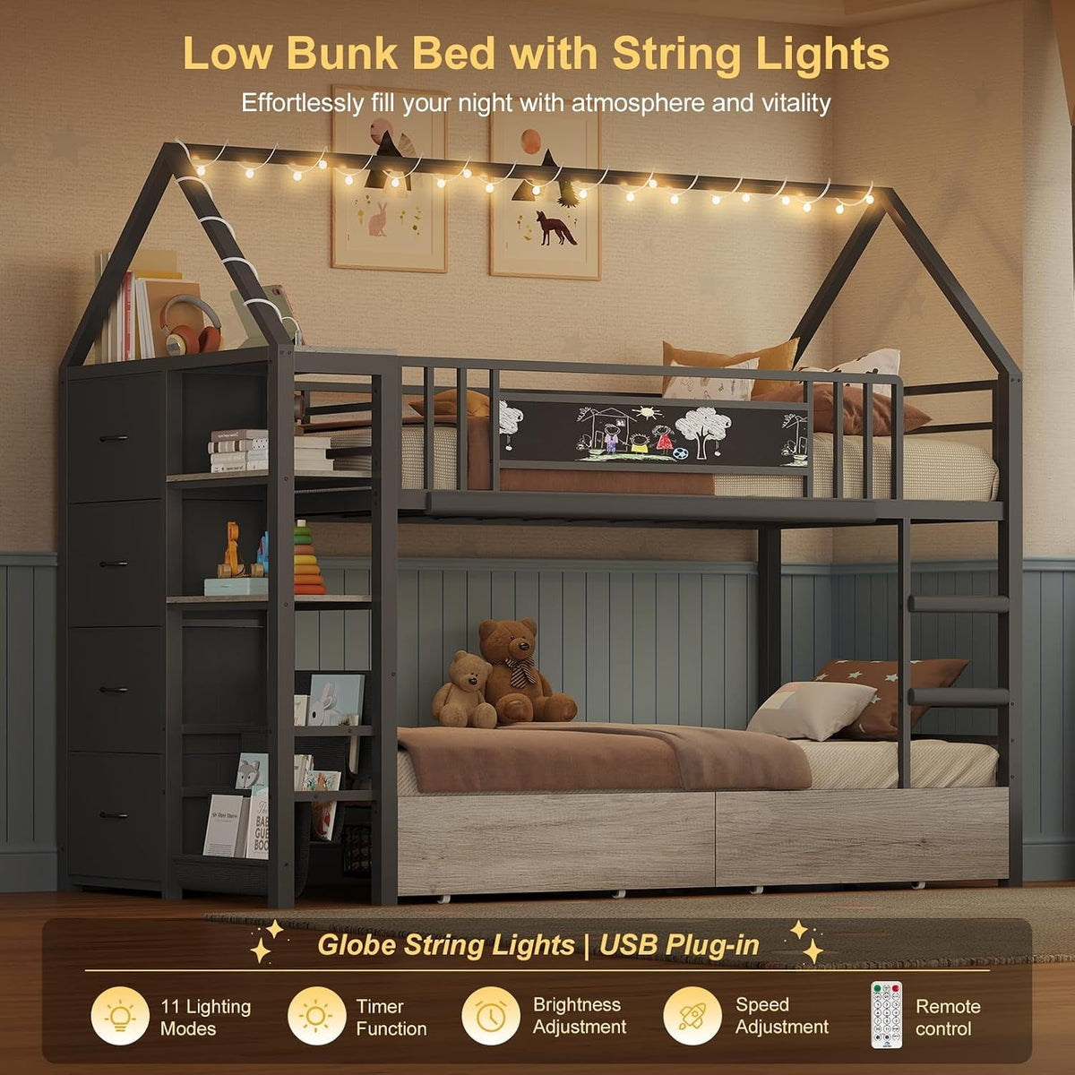 Twin Over Twin Metal Bunk Montessori Bookshelf Bed With Storage