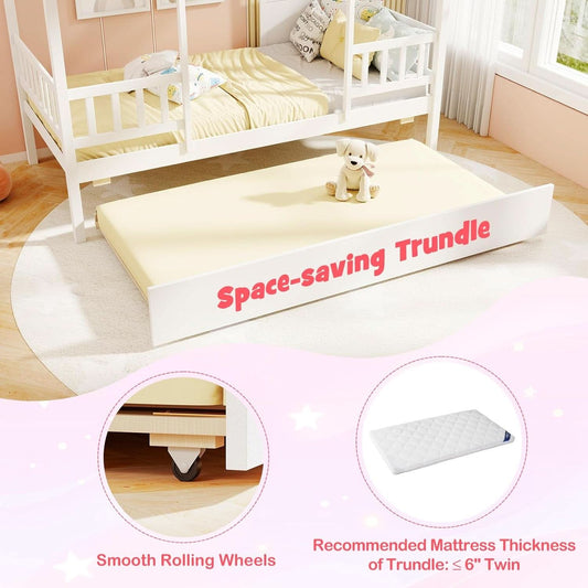 Twin House Bed With Trundle Montessori Inspired Design White - Bed - LumeraKids