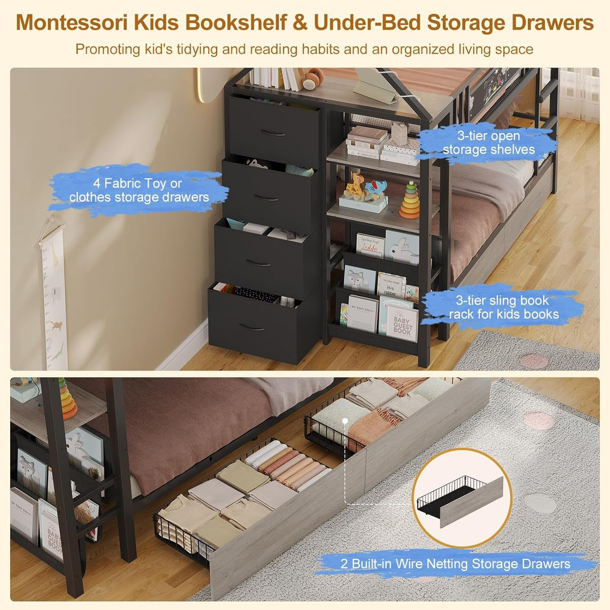 Twin Over Twin Metal Bunk Montessori Bookshelf Bed With Storage