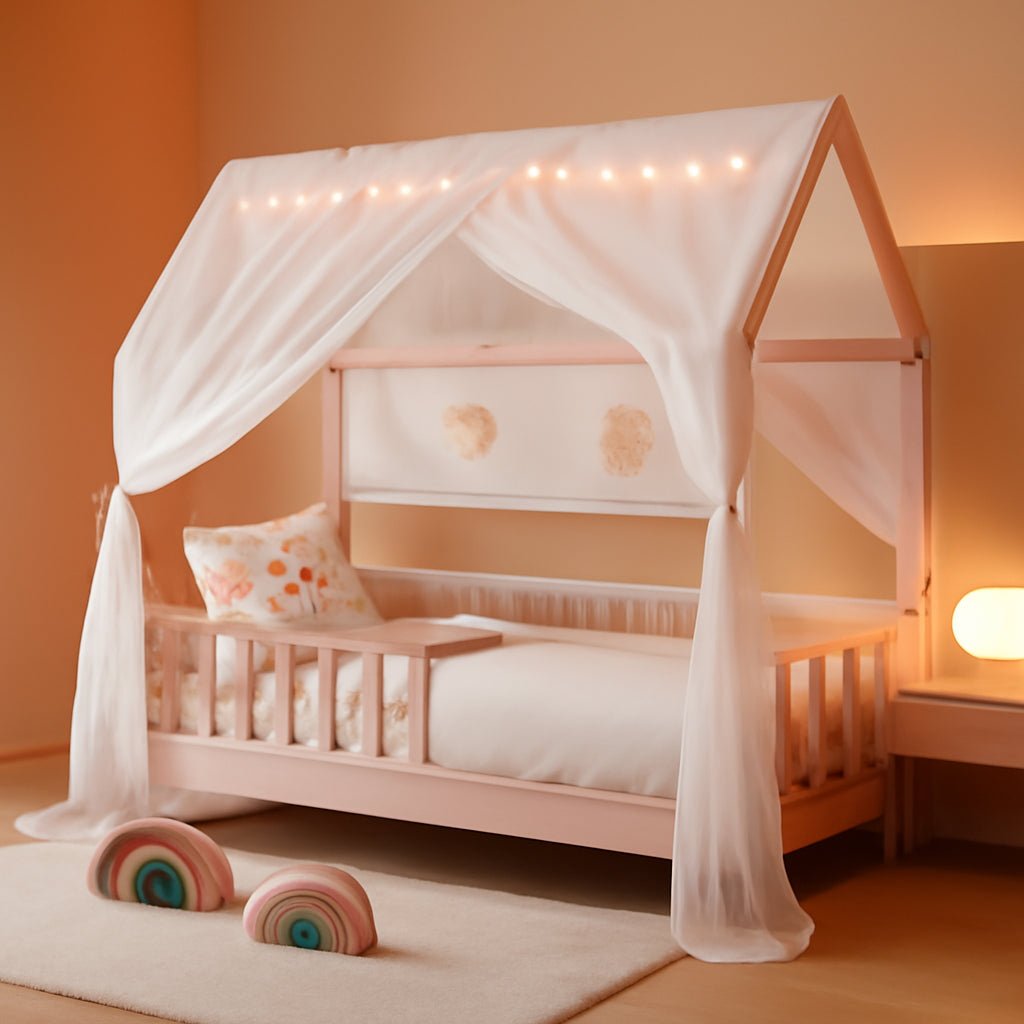 Pink Full Size Montessori Floor Bed Solid Wood Frame - Playhouse - LumeraKids