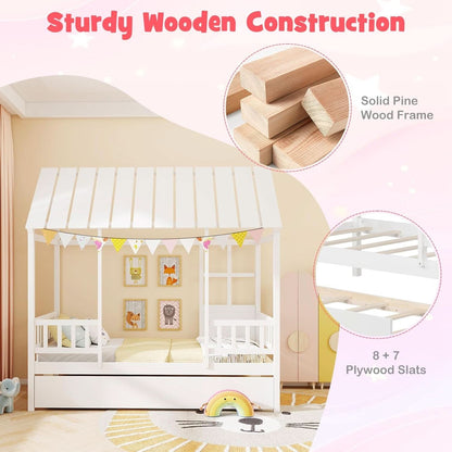 Twin House Bed With Trundle Montessori Inspired Design White - Bed - LumeraKids
