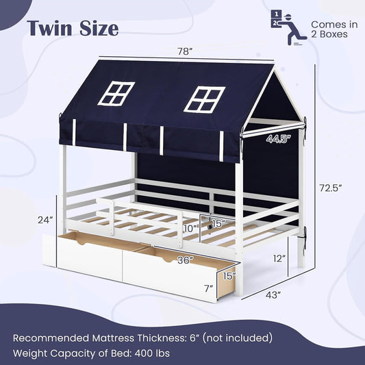 White Twin Montessori House Bed Frame With Drawers - Playhouse - LumeraKids