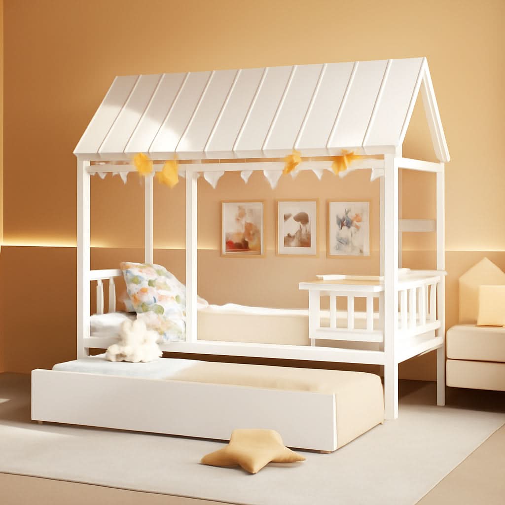 Twin House Bed With Trundle Montessori Inspired Design White - Bed - LumeraKids