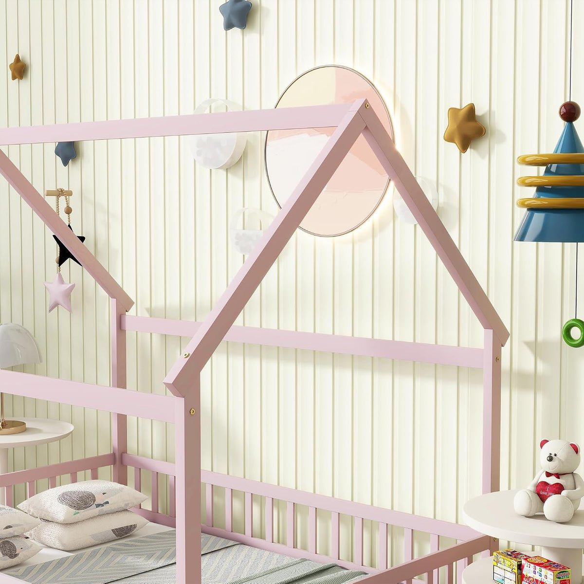 Pink Full Size Montessori Floor Bed Solid Wood Frame - Playhouse - LumeraKids