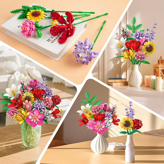 Flower Bouquet Building Set, Valentines Day Botanical Building Block Toy 1464 PCS, 18 Flowers Rose Sunflower Home Plant Decor, Birthday Gifts For Adults Women Boys Girls - 0 - LumeraKids