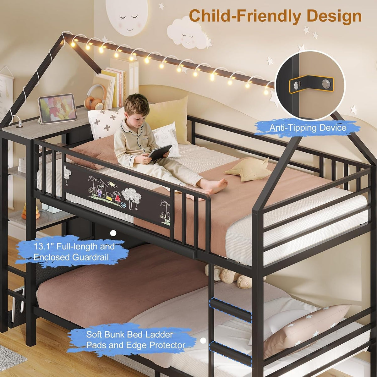 Twin Over Twin Metal Bunk Montessori Bookshelf Bed With Storage
