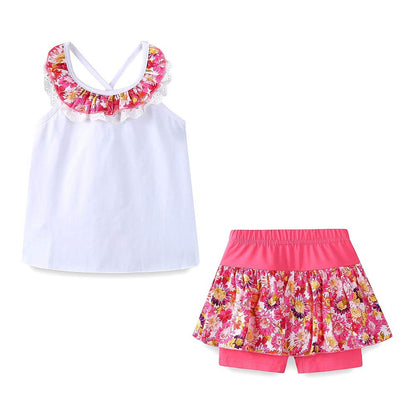 Ensemble 2 Pièces Fille | Haut + Short | Col Dentelle Floral | Coton | 12 mois à 10 ans