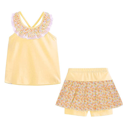 Ensemble 2 Pièces Fille | Haut + Short | Col Dentelle Floral | Coton | 12 mois à 10 ans