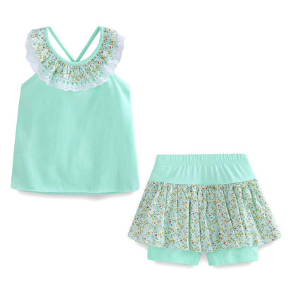 Ensemble 2 Pièces Fille | Haut + Short | Col Dentelle Floral | Coton | 12 mois à 10 ans