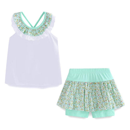 Ensemble 2 Pièces Fille | Haut + Short | Col Dentelle Floral | Coton | 12 mois à 10 ans