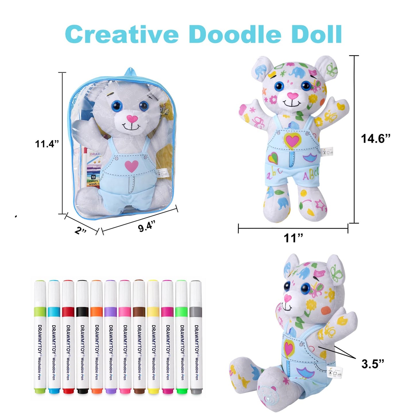 DRAWMYTOY Peluche à Colorier Doodle — 12 Marqueurs Lavables, Lavable en Machine | 3-8 Ans