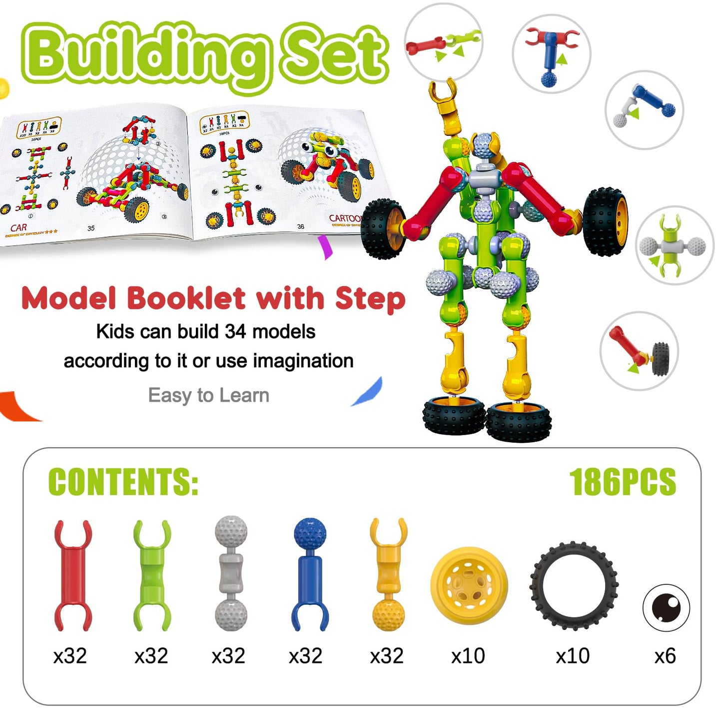 Jeu de construction STEM Qirptey – 125 pièces | Blocs éducatifs pour enfants 3-8 ans | Cadeau créatif