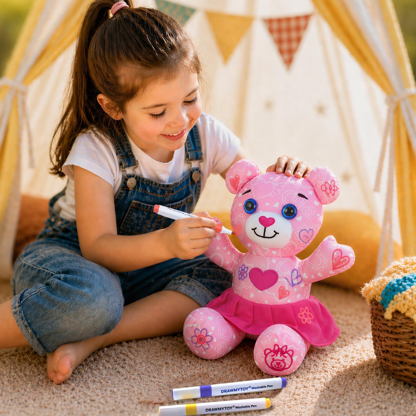 DRAWMYTOY Peluche à Colorier Doodle — 12 Marqueurs Lavables, Lavable en Machine | 3-8 Ans