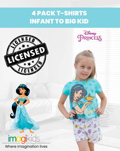 Pack 4 T-Shirts Manches Courtes Disney Princesses | 100% Coton | Imprimé Pailleté