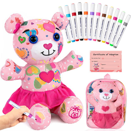 DRAWMYTOY Peluche à Colorier Doodle — 12 Marqueurs Lavables, Lavable en Machine | 3-8 Ans