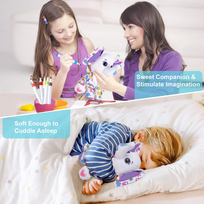 DRAWMYTOY Peluche à Colorier Doodle — 12 Marqueurs Lavables, Lavable en Machine | 3-8 Ans