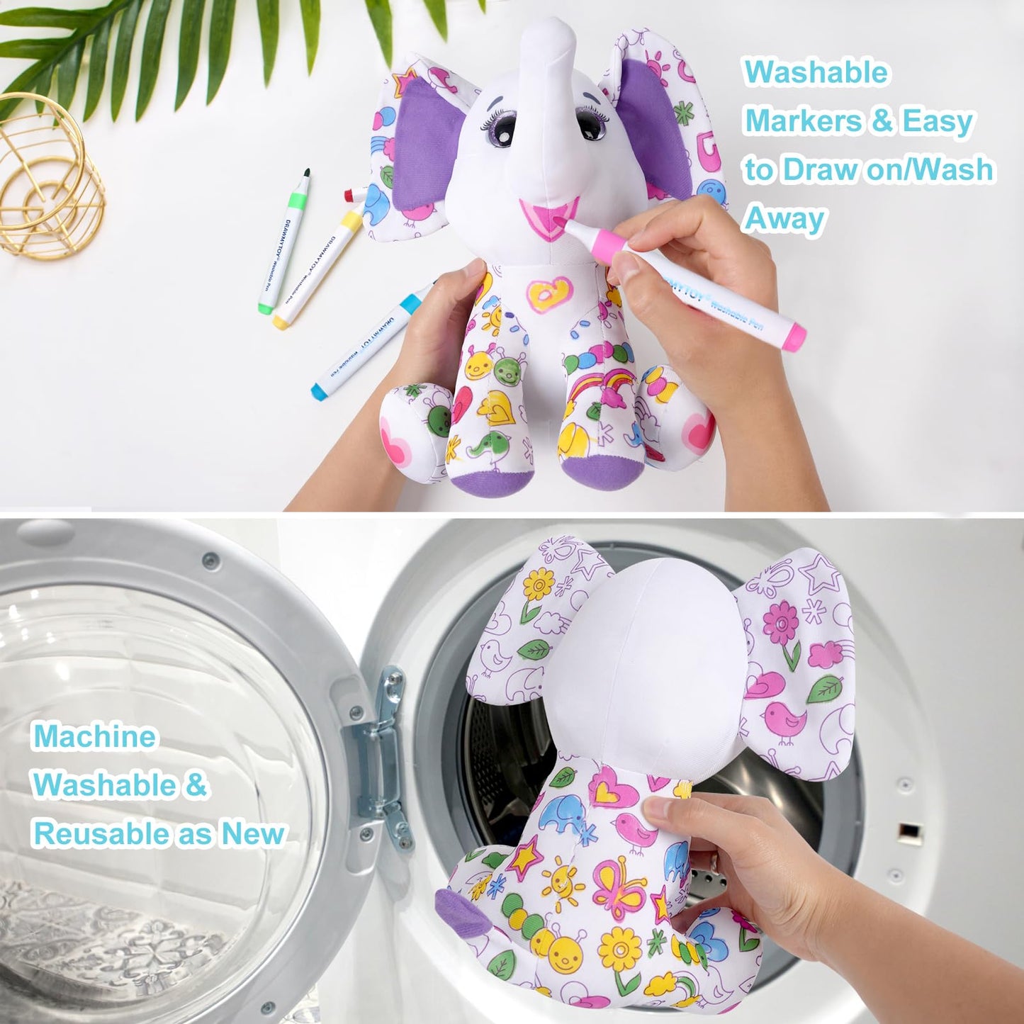 DRAWMYTOY Peluche à Colorier Doodle — 12 Marqueurs Lavables, Lavable en Machine | 3-8 Ans