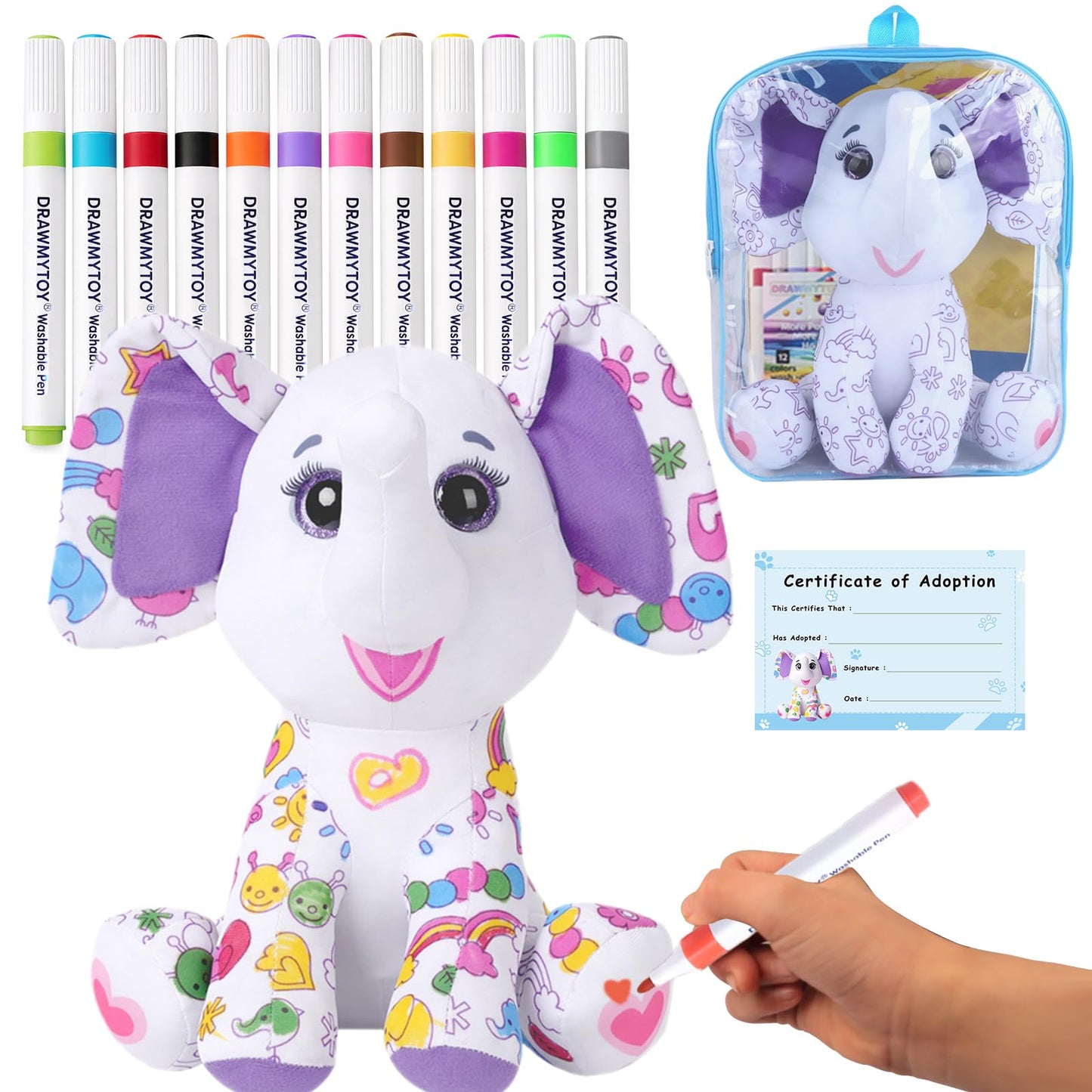 DRAWMYTOY Peluche à Colorier Doodle — 12 Marqueurs Lavables, Lavable en Machine | 3-8 Ans