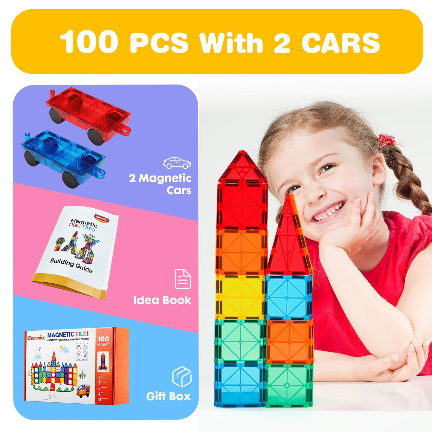 Gemmicc Tuiles Magnétiques STEM | Jeu de Construction 3D pour Enfants 3 ans+