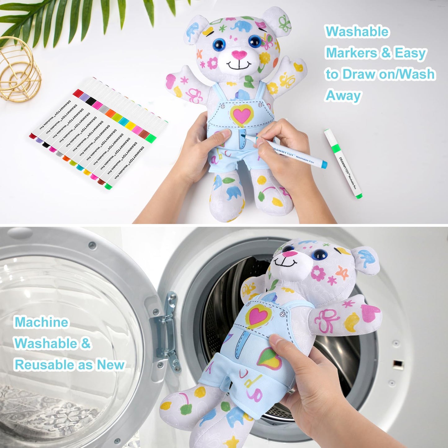 DRAWMYTOY Peluche à Colorier Doodle — 12 Marqueurs Lavables, Lavable en Machine | 3-8 Ans