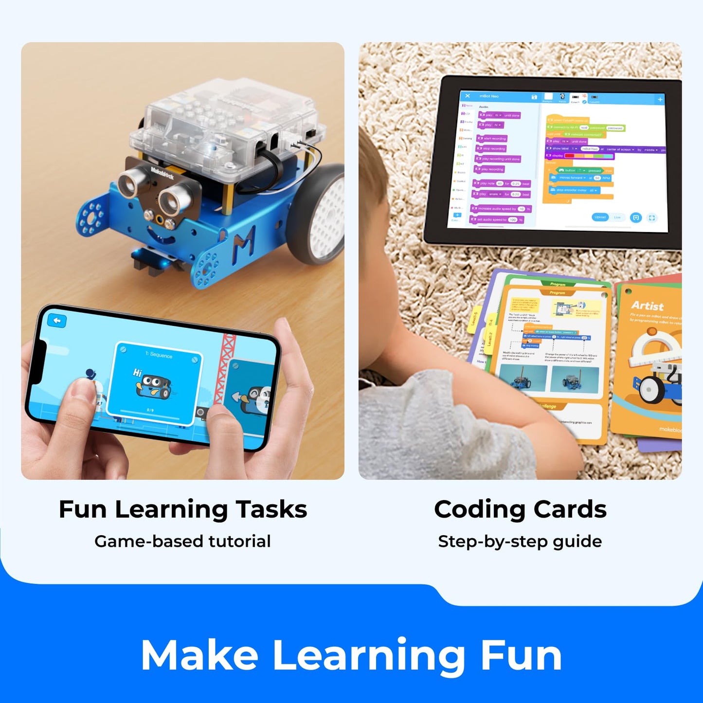 Kit Robot Makeblock mBot avec Boîte de Codage Scratch – Projets STEM pour Enfants 8-12 ans | Programmation Scratch & Arduino