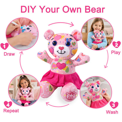 DRAWMYTOY Peluche à Colorier Doodle — 12 Marqueurs Lavables, Lavable en Machine | 3-8 Ans