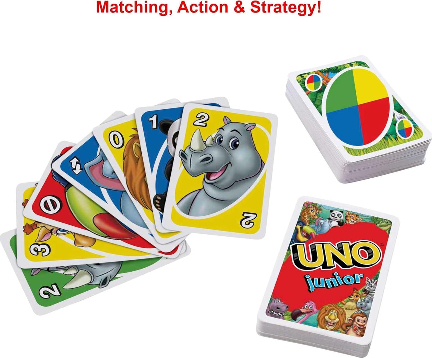 Mattel Games UNO Junior — 45 Cartes, Animaux du Zoo, 3 Niveaux de Jeu | Dès 3 Ans