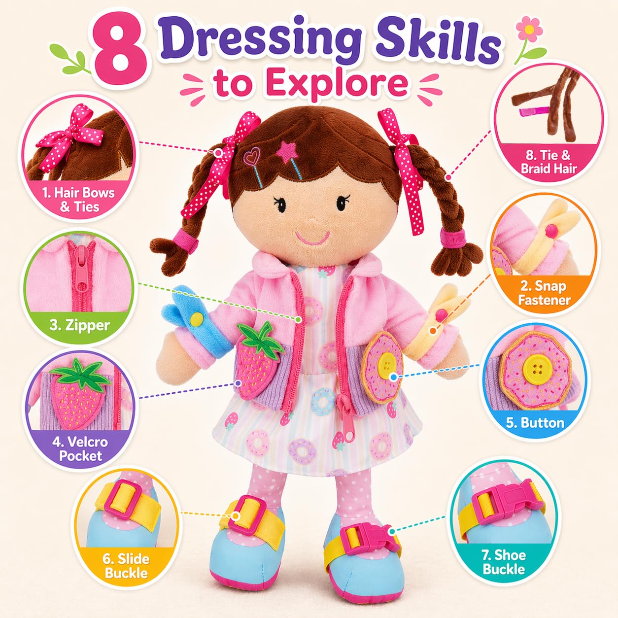 Poupée Éducative Dressy Friends – Prénom Personnalisable | Montessori Apprendre à S'habiller | Cadeau Filles & Garçons 2 ans+
