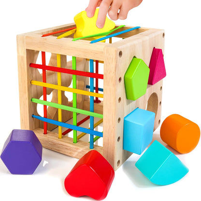 HELLOWOOD Cube Trieur de Formes en Bois — 8 Formes Montessori, Boite de Rangement | Dès 12 Mois