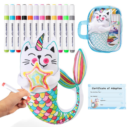DRAWMYTOY Peluche à Colorier Doodle — 12 Marqueurs Lavables, Lavable en Machine | 3-8 Ans