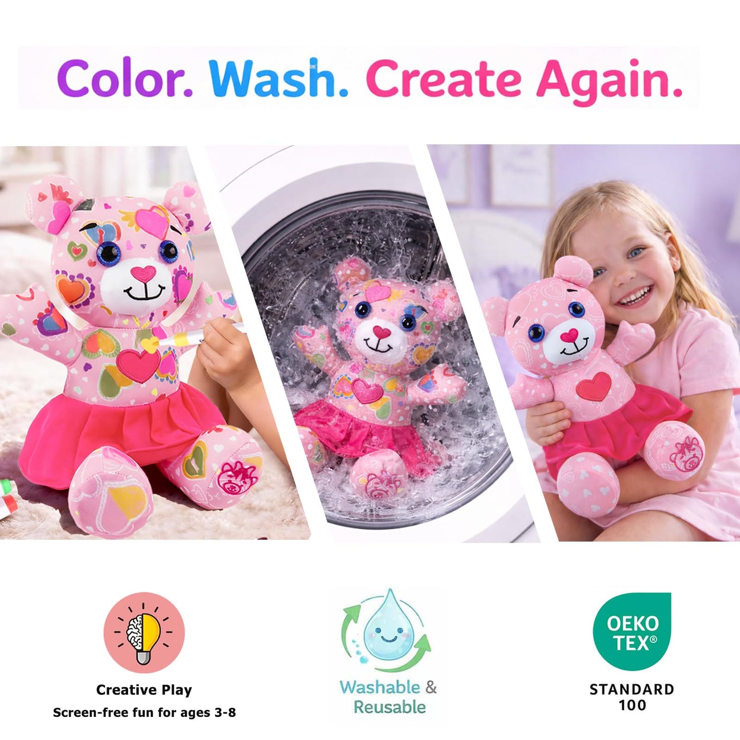 DRAWMYTOY Peluche à Colorier Doodle — 12 Marqueurs Lavables, Lavable en Machine | 3-8 Ans