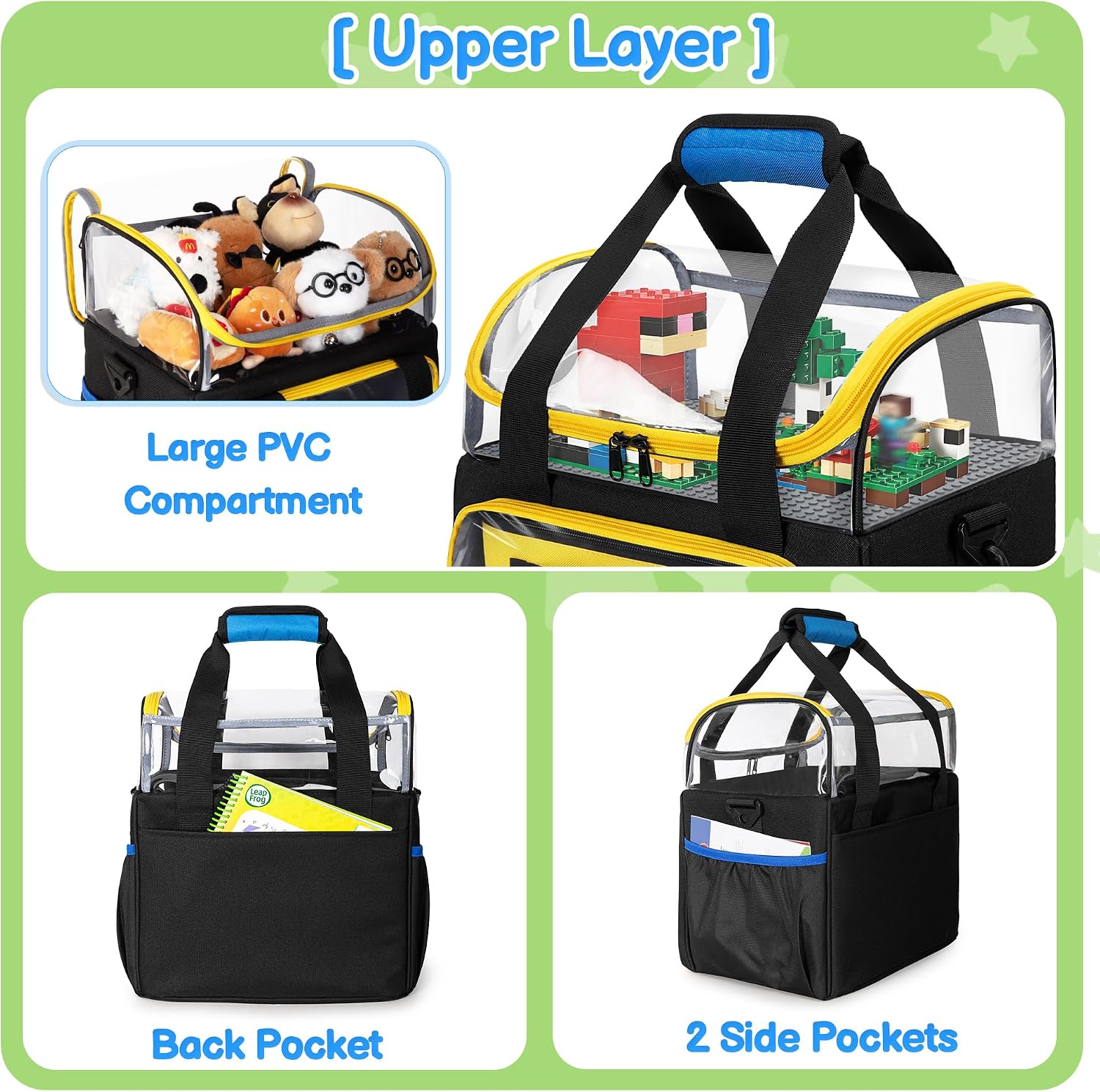 Rexmica – Lot de 4 Sacs de Rangement Jouets | 1 Grand + 3 Petits | Double couche & fenêtre transparente | Briques & LEGO - LumeraKids
