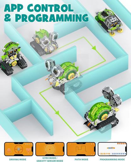 Opmind 5-in-1 STEM RC Robot Building kit, 478Pcs App Coding, Boys Age 6-12 | 1 set transforms into 5 models, Kids DIY Sound Light Interactive Science Set, LED eyes, coding play. Christmas Birthday Gifts - LumeraKids