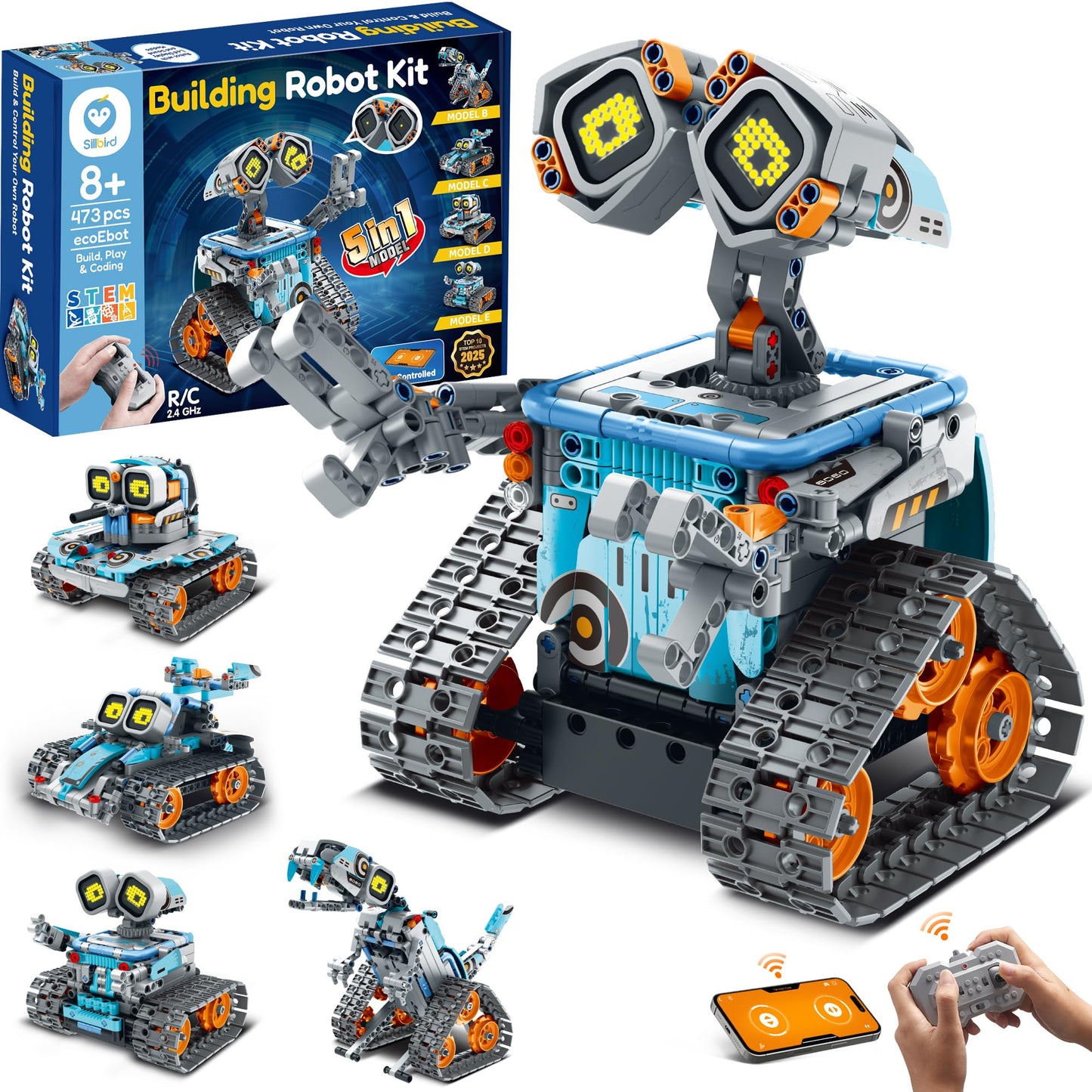 Sillbird Robot STEM 5-en-1 télécommandé – 435 pièces, LED et sons (8-14 ans) - LumeraKids