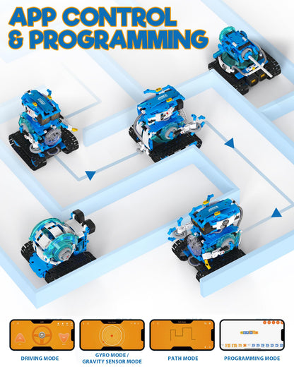 Opmind 5-in-1 STEM RC Robot Building kit, 478Pcs App Coding, Boys Age 6-12 | 1 set transforms into 5 models, Kids DIY Sound Light Interactive Science Set, LED eyes, coding play. Christmas Birthday Gifts - LumeraKids