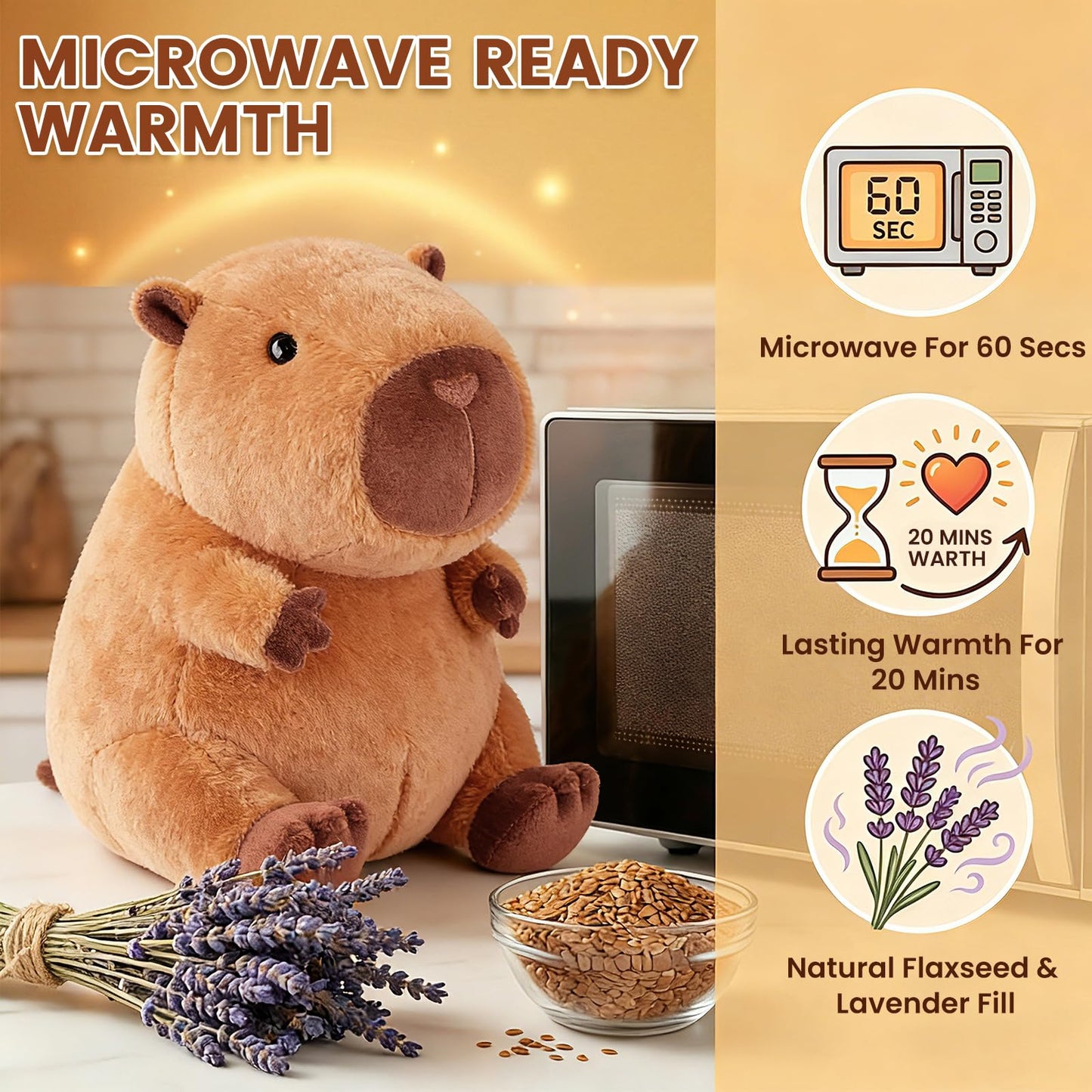 Peluche Capybara Chauffante & Rafraîchissante – Soulagement Naturel, Parfum Lavande | Cadeau Enfants & Adultes