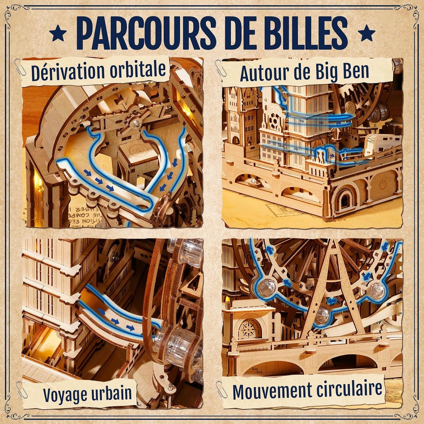 ROKR Marble Travel London EGB01 – Maquette 3D en bois avec circuit à billes | Kit STEM 431 pièces | Puzzle Londres lumineux