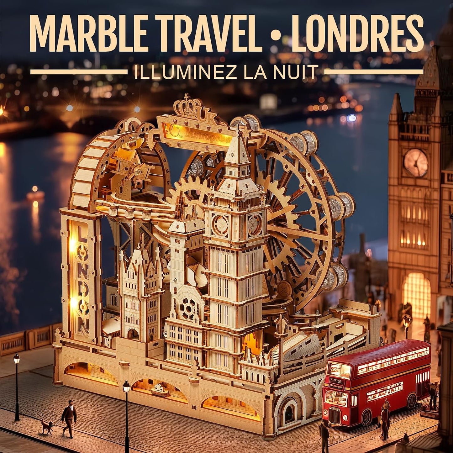 ROKR Marble Travel London EGB01 – Maquette 3D en bois avec circuit à billes | Kit STEM 431 pièces | Puzzle Londres lumineux