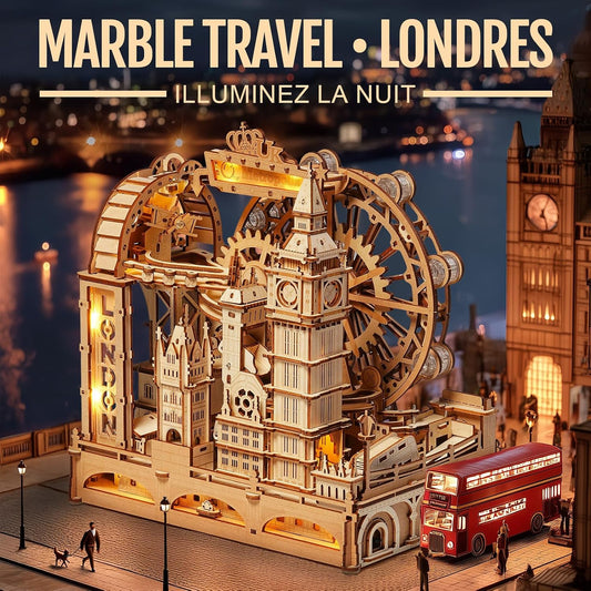 ROKR Marble Travel London EGB01 – Maquette 3D en bois avec circuit à billes | Kit STEM 431 pièces | Puzzle Londres lumineux - LumeraKids