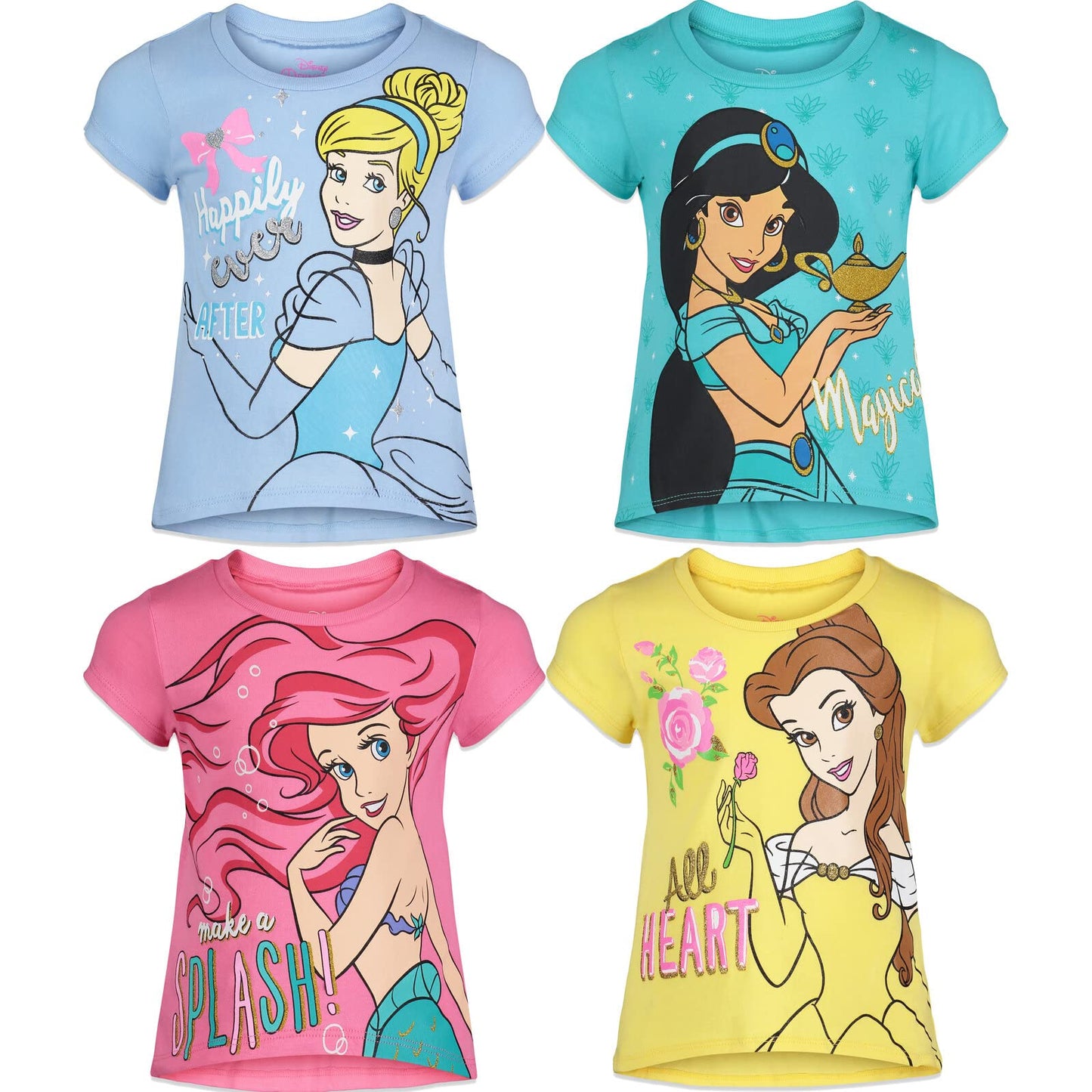 Pack 4 T-Shirts Manches Courtes Disney Princesses | 100% Coton | Imprimé Pailleté