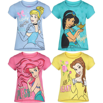 Pack 4 T-Shirts Manches Courtes Disney Princesses | 100% Coton | Imprimé Pailleté