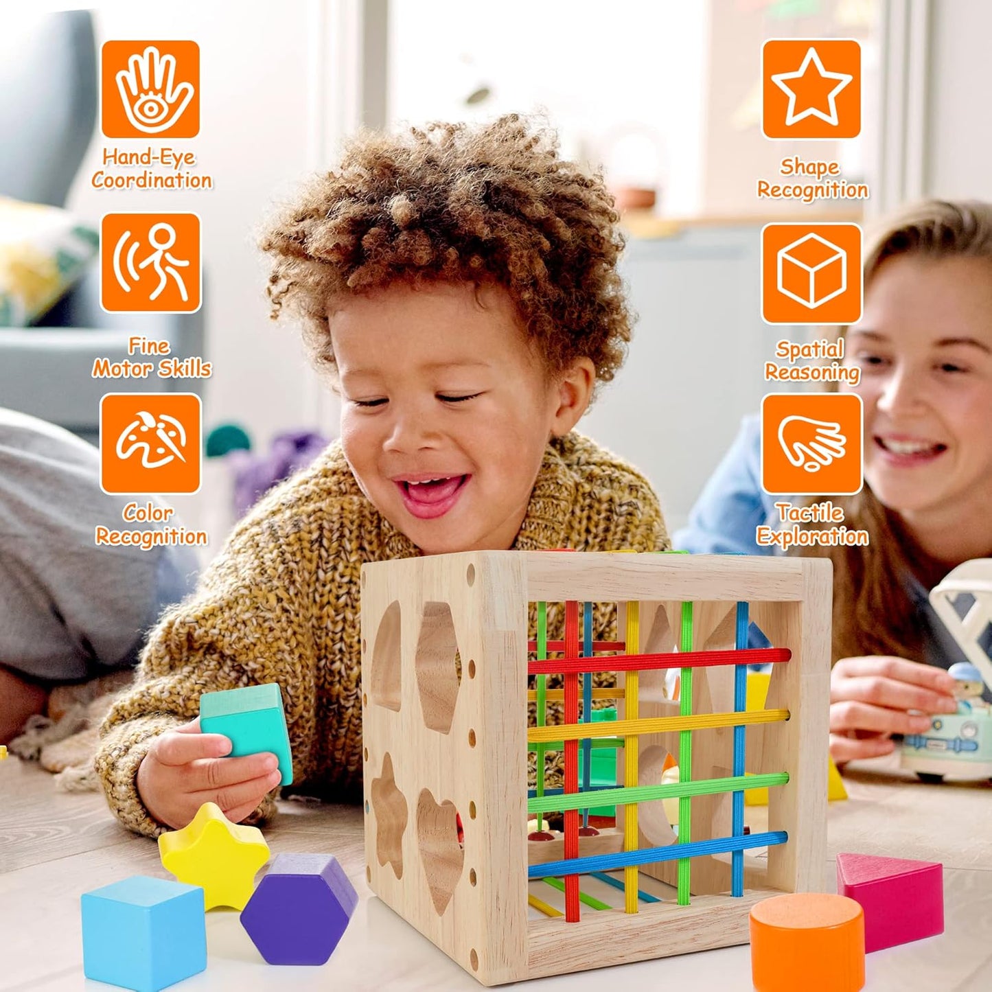 HELLOWOOD Cube Trieur de Formes en Bois — 8 Formes Montessori, Boite de Rangement | Dès 12 Mois