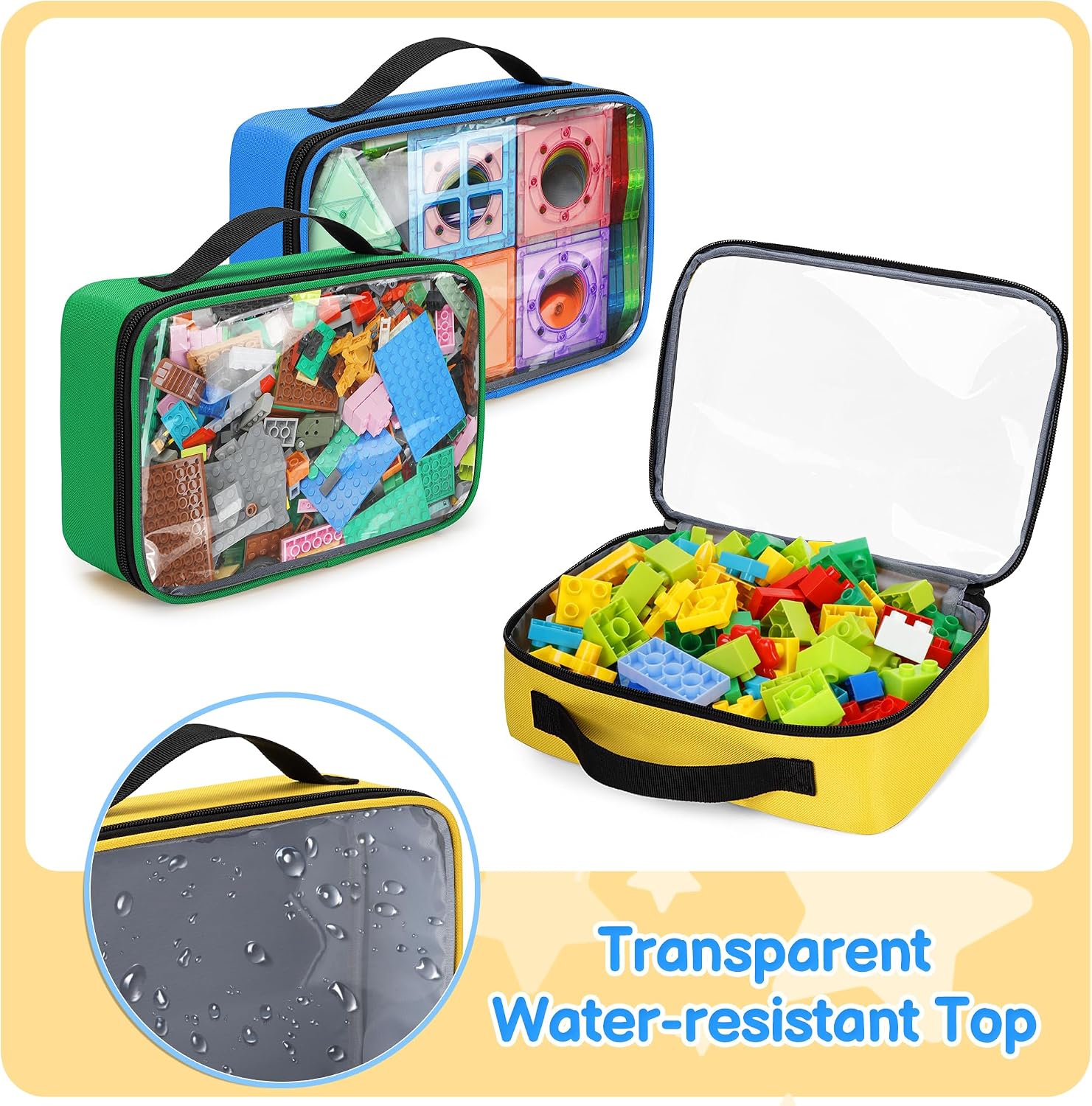 Rexmica – Lot de 4 Sacs de Rangement Jouets | 1 Grand + 3 Petits | Double couche & fenêtre transparente | Briques & LEGO - LumeraKids