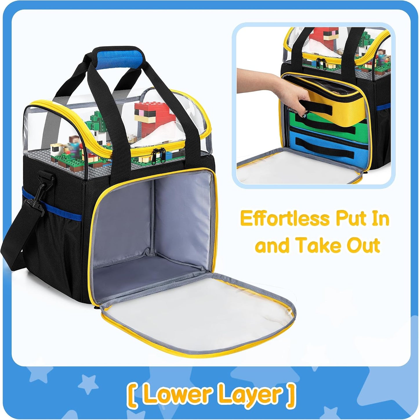 Rexmica – Lot de 4 Sacs de Rangement Jouets | 1 Grand + 3 Petits | Double couche & fenêtre transparente | Briques & LEGO - LumeraKids