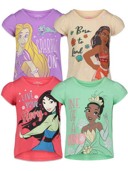 Pack 4 T-Shirts Manches Courtes Disney Princesses | 100% Coton | Imprimé Pailleté