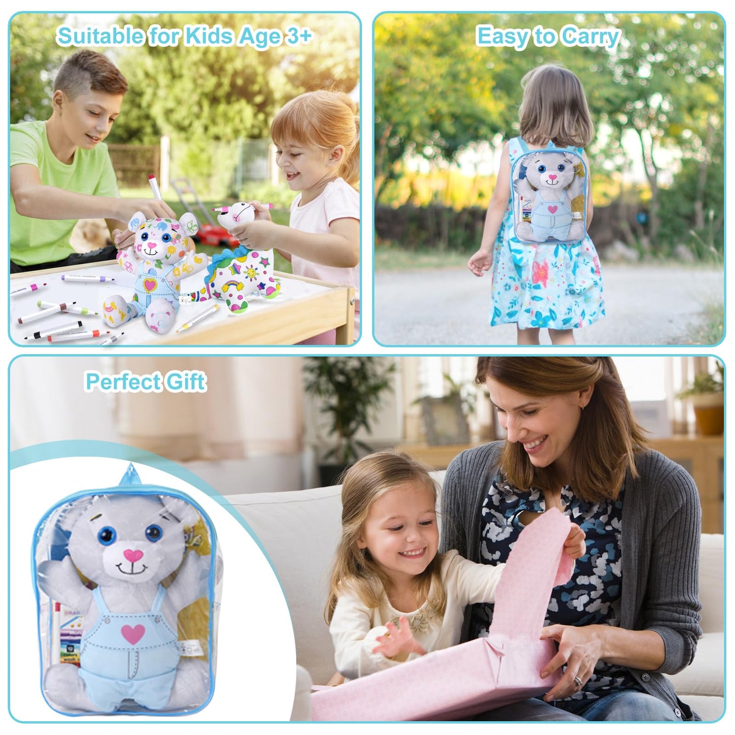 DRAWMYTOY Peluche à Colorier Doodle — 12 Marqueurs Lavables, Lavable en Machine | 3-8 Ans