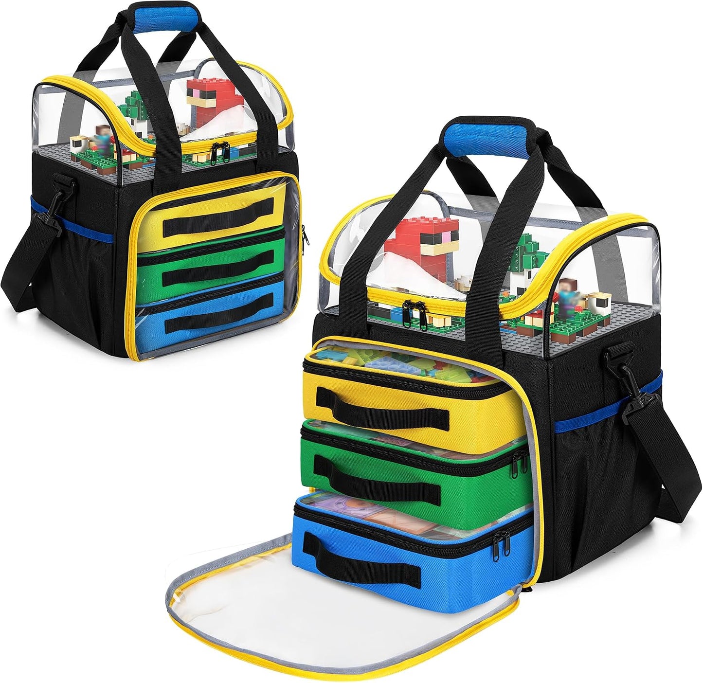 Rexmica – Lot de 4 Sacs de Rangement Jouets | 1 Grand + 3 Petits | Double couche & fenêtre transparente | Briques & LEGO - LumeraKids