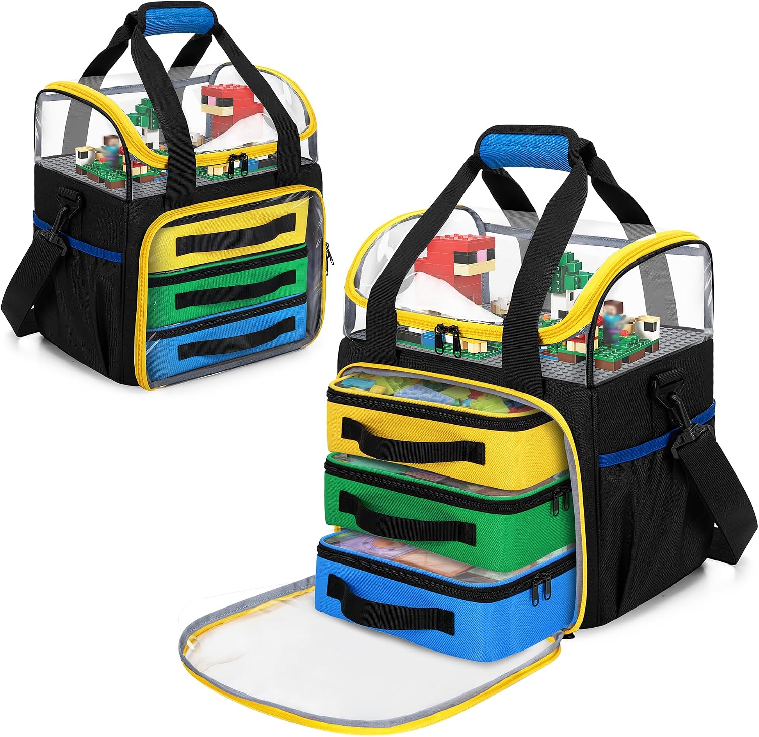 Rexmica – Lot de 4 Sacs de Rangement Jouets | 1 Grand + 3 Petits | Double couche & fenêtre transparente | Briques & LEGO - LumeraKids