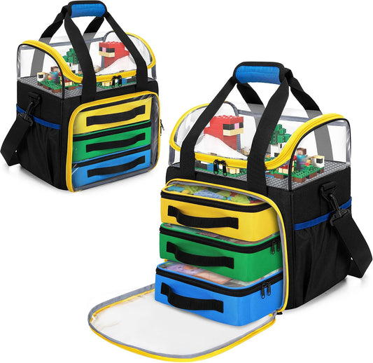 Rexmica – Lot de 4 Sacs de Rangement Jouets | 1 Grand + 3 Petits | Double couche & fenêtre transparente | Briques & LEGO - LumeraKids