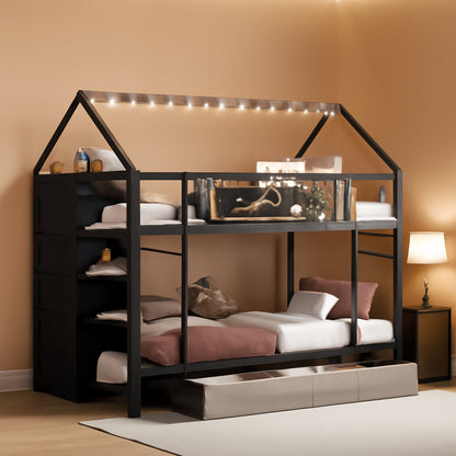 Twin Over Twin Metal Bunk Montessori Bookshelf Bed With Storage
